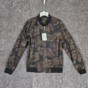 Mens Camouflage Satin Jacket Green Camo Full Zip Flight Jacket Large NWT